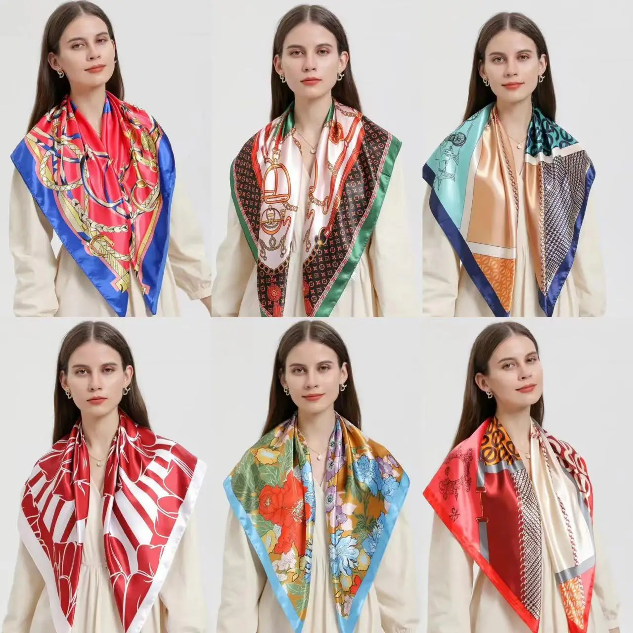 90*90cm Versatile Silk Scarf Women Large Shawl Floral Print Stoles Square Bandanna Luxury Brand Kerchief Female Foulard muffler