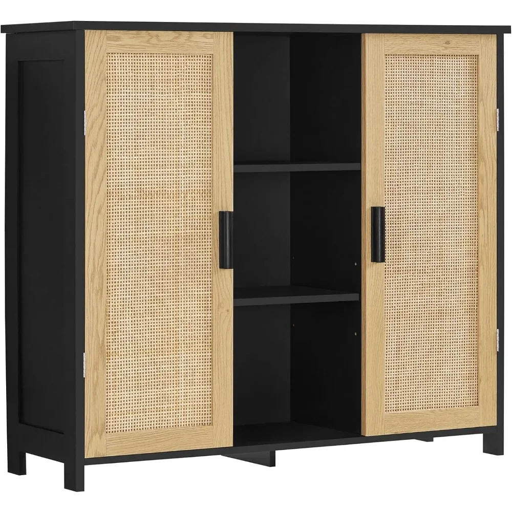 

Rattan Cabinet with 3 Adjustable Shelves Sideboard Coffee Bar Cabinet Accent Cabinet for Living Room Entryway Black+Natural