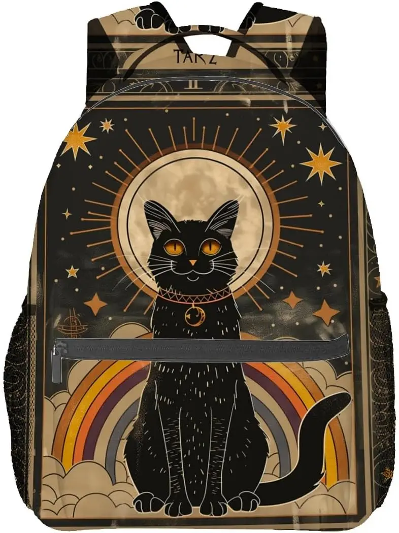 Gothic Black Cat Backpack, Polyester Laptop Bag, Celestial Moon and Rainbow Backpacks, Mystical Tarot Style Back Pack