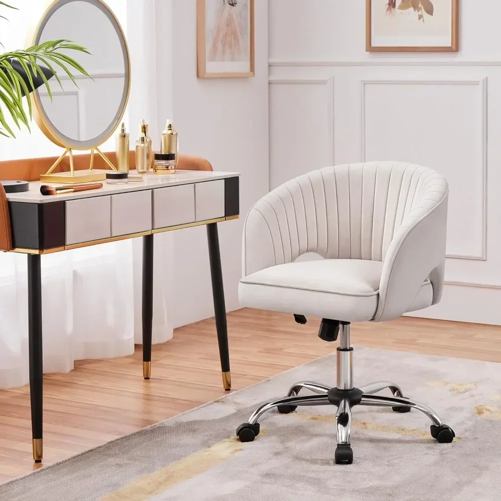 Veludo Vanity Chair com rodas, Cadeira de mesa bonito, Home Office, estofados, giratória moderna, Tufted Barrel Back