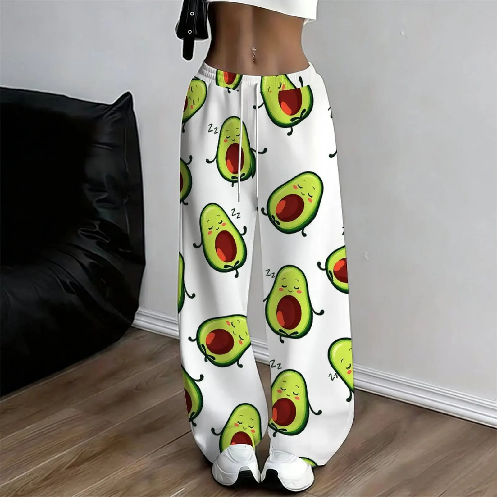 Women Loose Straight Leg Full Length Pants, Turquoise White Gradient with Printed Seagull Sunset Pattern