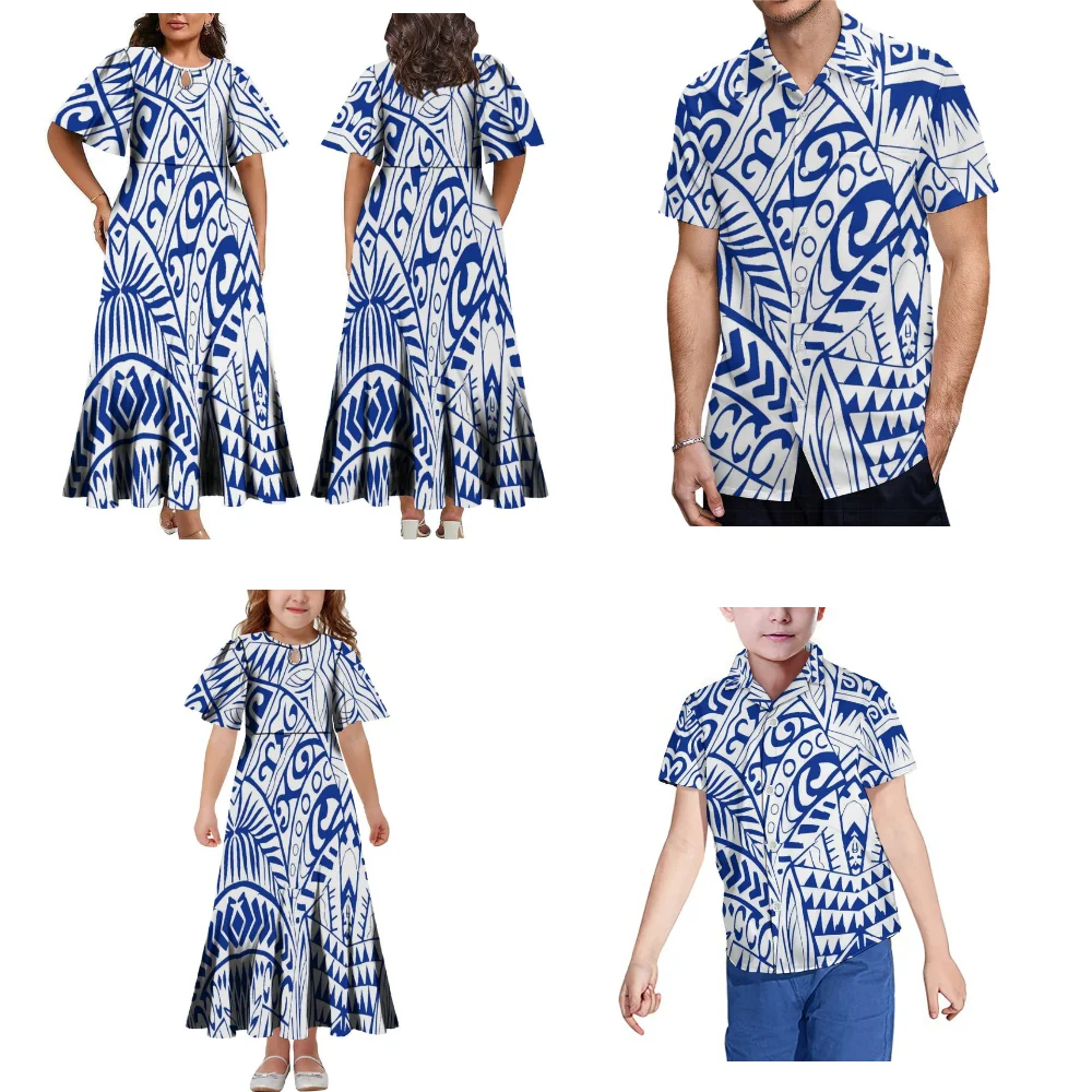 

Polynesian Family Party Set Women'S Dress Hollowed-Out Crew Neck Temperament Large Skirt Skirt Girls Dress Men Boys Shirt Custom