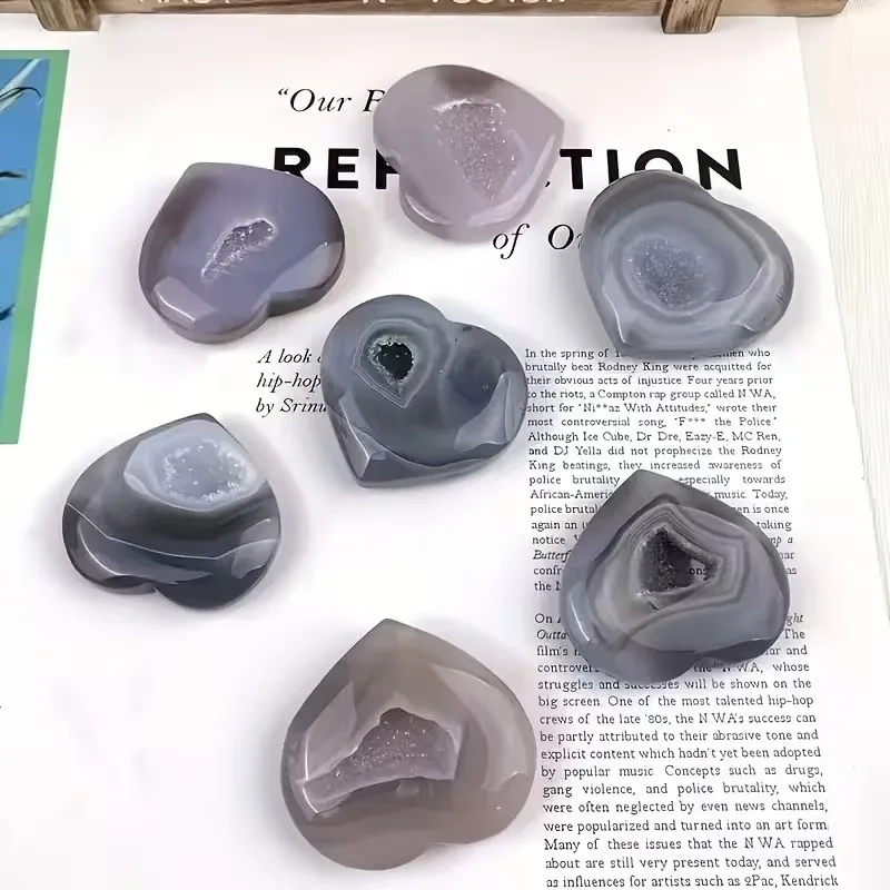 1pc Natural Crystal Agate Cave Love Heart Shaped Healing Home Decoration Fengshui Collection Hand Polished Crafts Reiki Gemstone