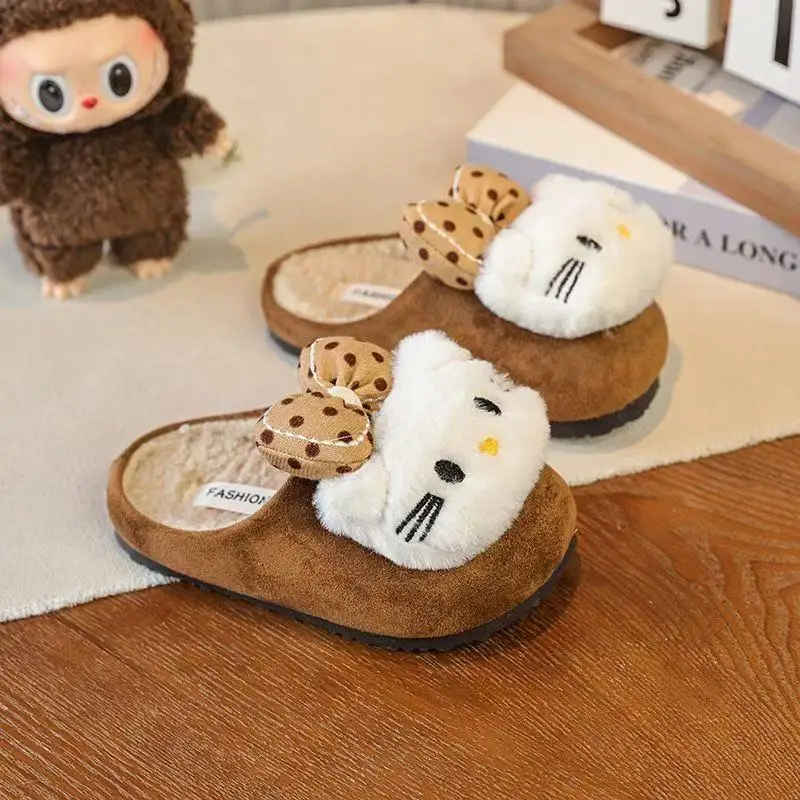 

r‌eal pictures autumn winter 2025 new comfortable hello kitty cartoon girls fashion kids children's brown warm cotton slippers