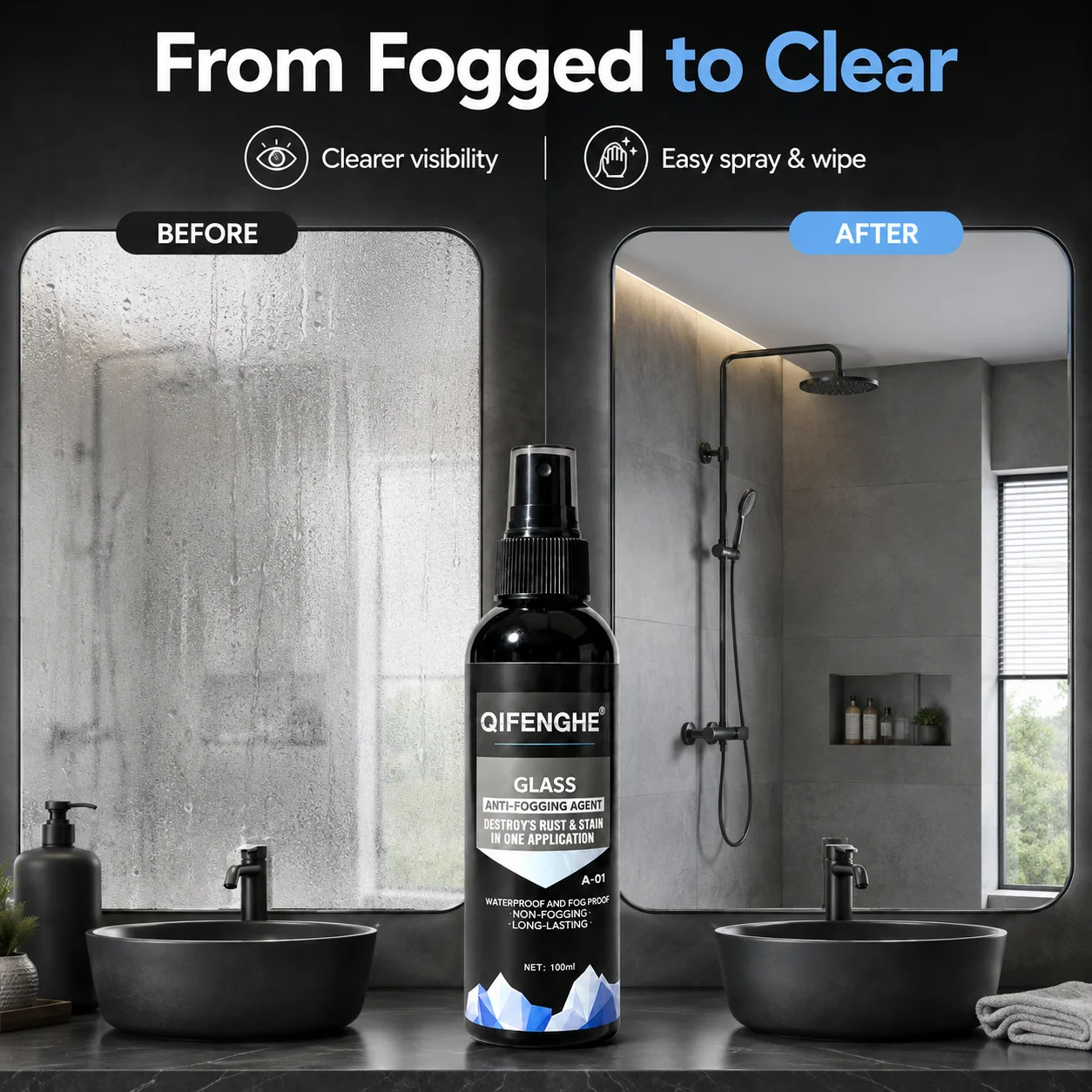 Car Glass Anti Fog Spray 100ml Windshield Window Mirror Cleaner Fog Proof Water Repellent Hydrophobic Coating