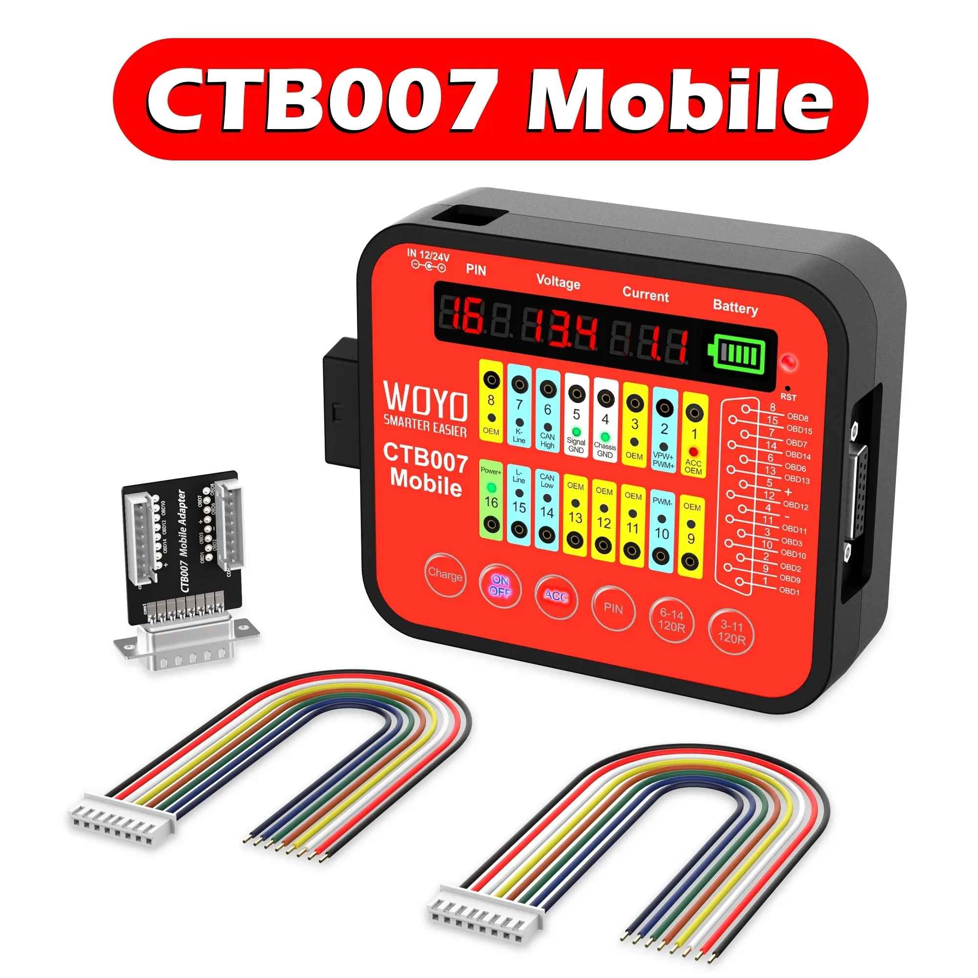 WOYO CTB007 Mobile ECU Circuit Board Testing Tools 12V 24V OBD2 Breakout Test Box with 120 ohm Resistor Portable CAN Tester