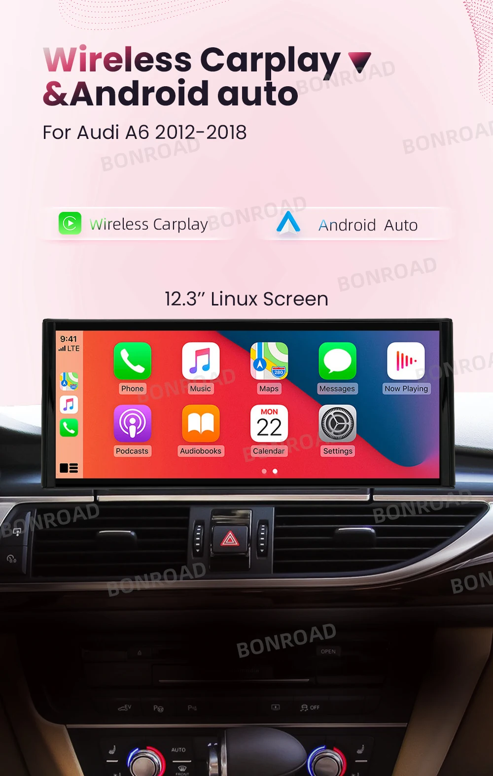 BONROAD 12,3 zoll Drahtlose CarPlay Android Auto Touch Screen Für Audi A6 C6 A7 C7 2011-2018 Auto Radio multimedia-Player Monitor – Detail 1