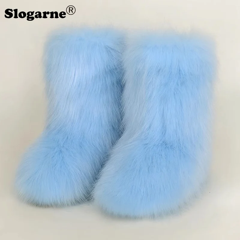 Ladies Sexy Faux Fox Fur Boots Women Fluffy Fur Snow Boots Female Winter Warm Plush Platform Shoes Furry Fur Bottes Luxury Boots