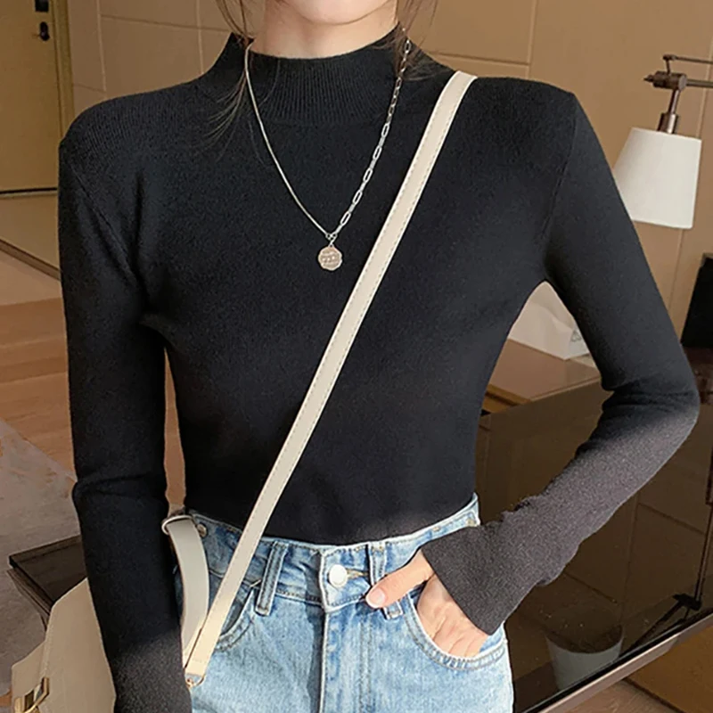 Epligg 2024 New Stretch Tops Women Knitted Pullovers Long Sleeve Bottoming Knitted Sweater Turtleneck Sweater Women Pullovers