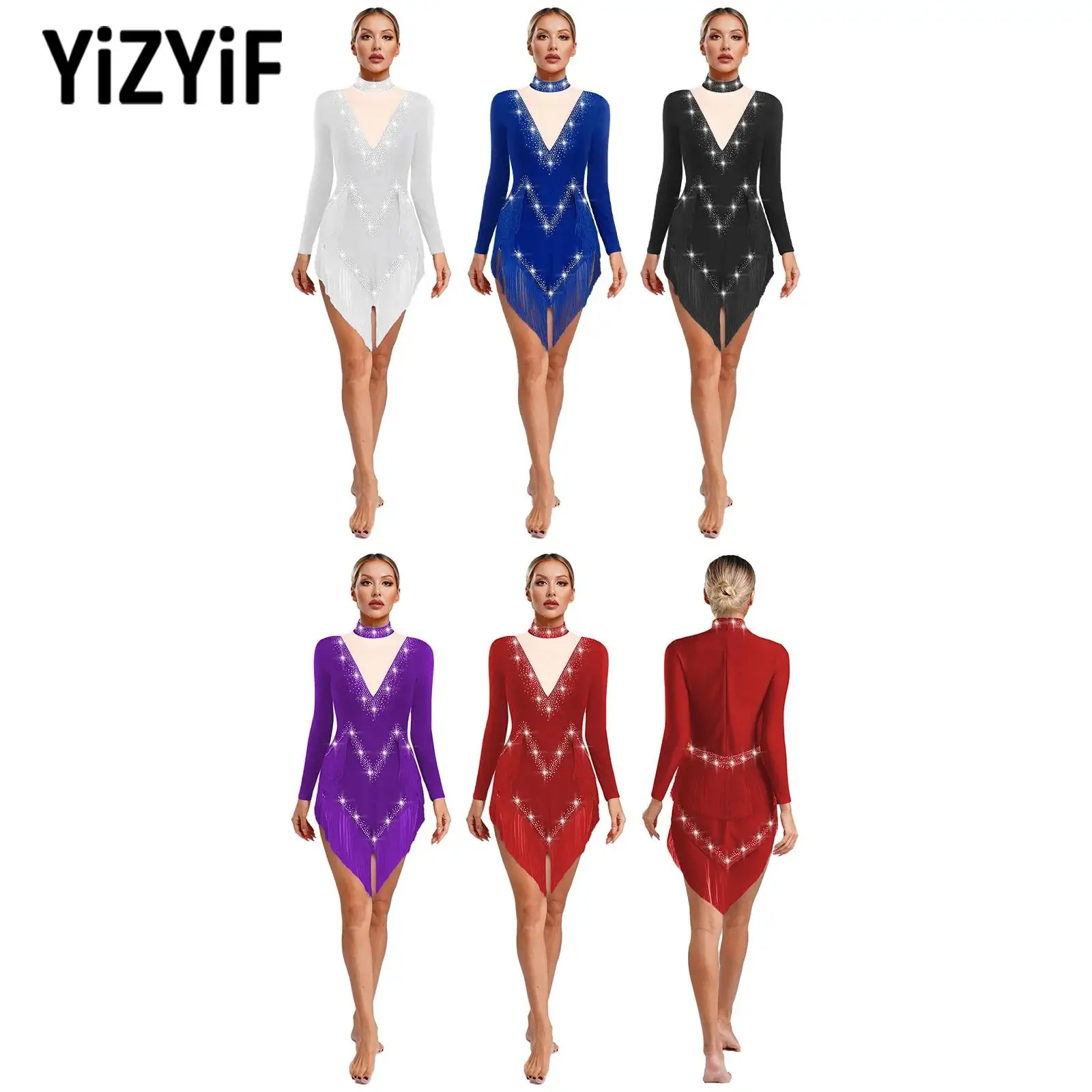 

Women's Glittery Latin Dance Leotard Dress Tassel Rhinestones Long Sleeveless Leotard Samba Rumba Cha-cha Tango Stage Dancewear