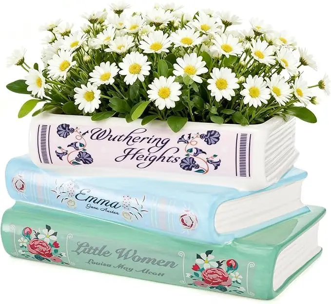Ceramic Book Planter Vase for Flowers - Stacked Book Shaped Decor for Home Office Bookshelf, Gift for Book Lovers