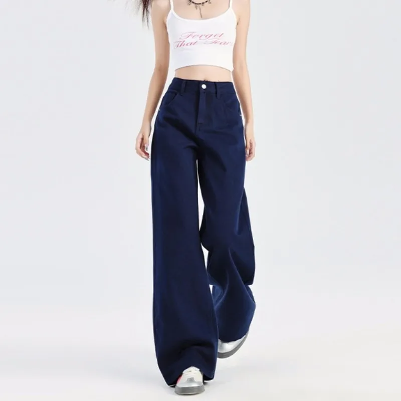 FINEWORDS Vintage High Waist Baggy Dark Blue Jeans Women Casual Korean Wide Leg Jeans Streetwear y2k punk Harajuku Denim Pants