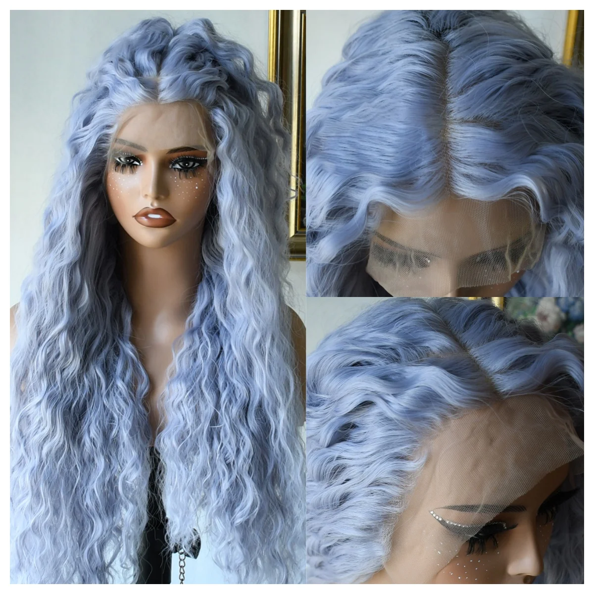 

Light Blue Curly Wavy 13×4 Lace Front Wig Blue Loose Deep Wave Synthetic for Women Heat Resistant Hair Daily Use Cosplay 30 inch