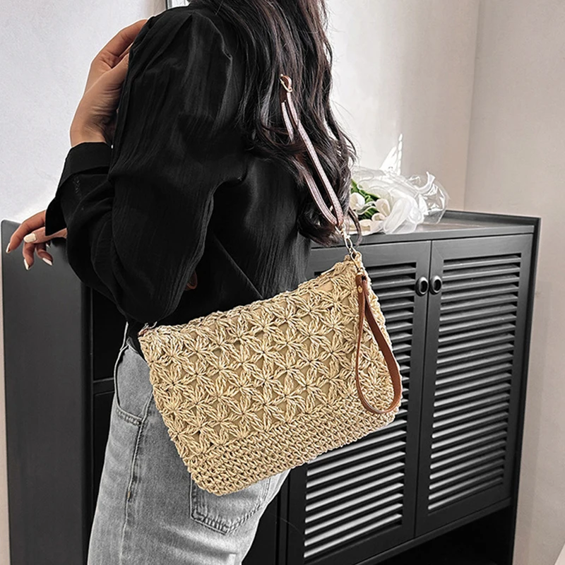 Straw Crossbody Bags for Women Summer Woven Shoulder Bag Purse Raffia Beach Wristlet Crochet Handbag Purse for Women