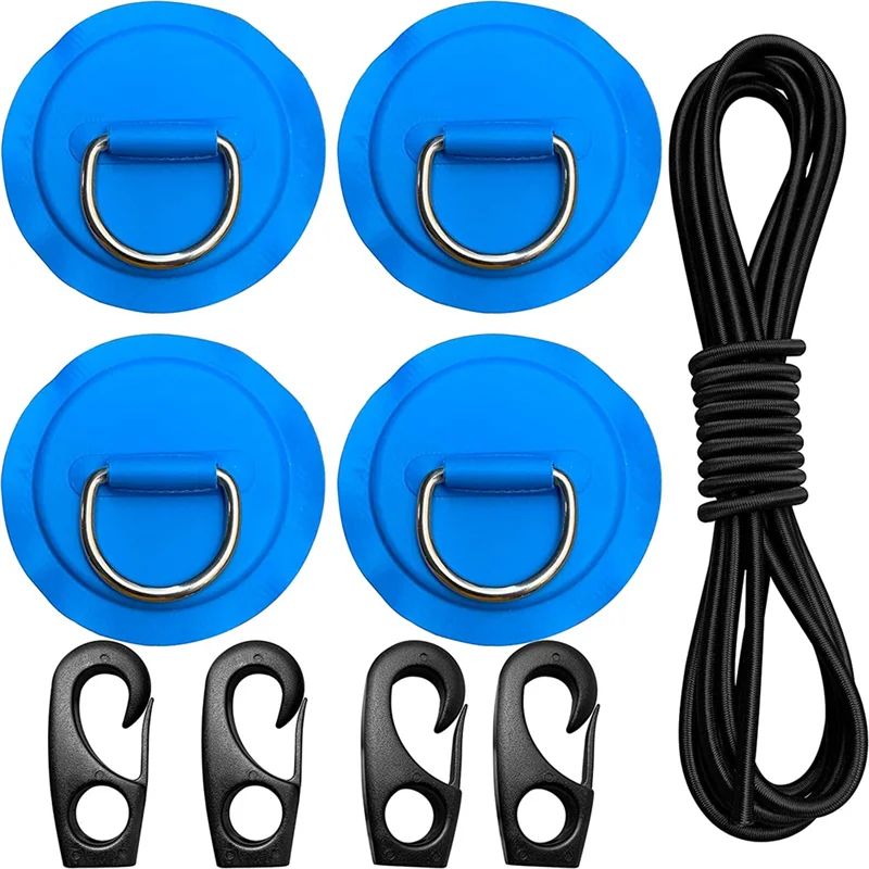 Pad Eye Cord Kit,D-Ring Patch+Bungee Shock Cord+Hooks-Deck Lashing Ring with Plate for Boat Kayak Accessories,Blue