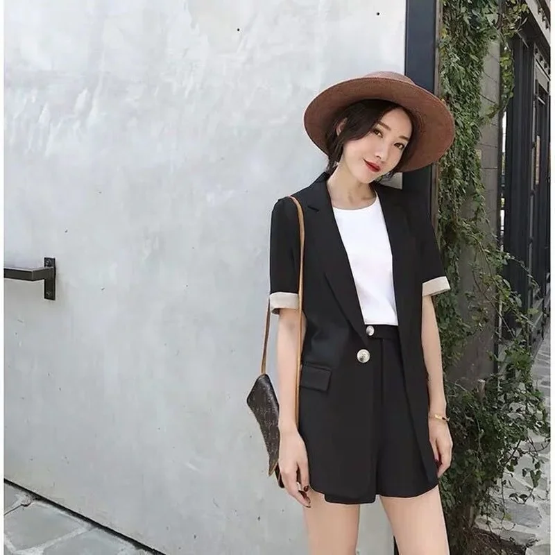 DAYIFUN Summer 3 Pieces Suits Office Ladies Sets Short Sleeve Blazers Tops Shorts Three Piece Outfit Women Clothing Big Size Set