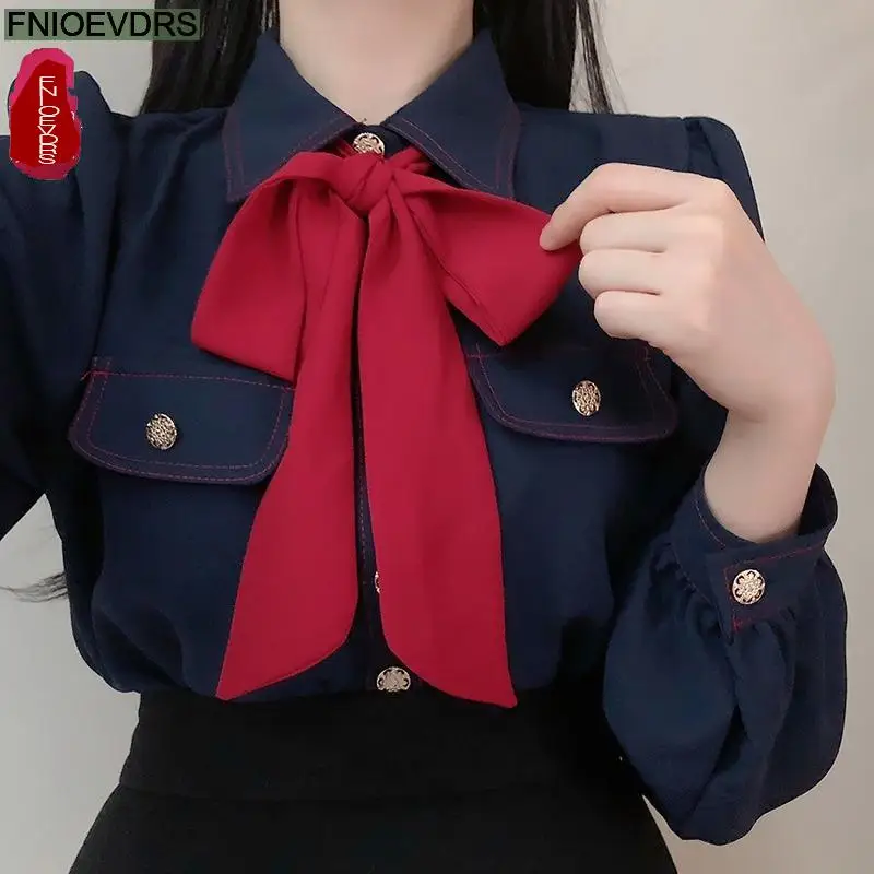 

2024 Brand Tops New Women Fashion Long Sleeve Shirt Bowtie Collar Pockets Elegant Blouse Office Lady Blue Button White Shirts