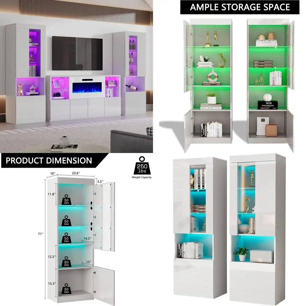 

AMERLIE 2 Piece 71in Tall Bookcase Storage Cabinet with Glass Do, ern High Gloss LED Bookshel Display with 5 Tiers or Storage &