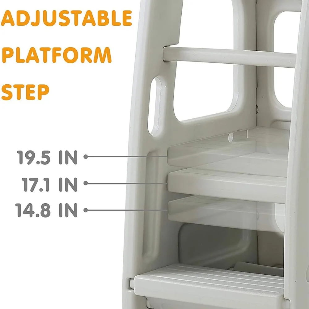 Kids Durable Plastic Step Stool with 3 Adjustable Heights, 150 Pound Capacity, Built-in Storage Bin, and Non-Skid Rubber Feet