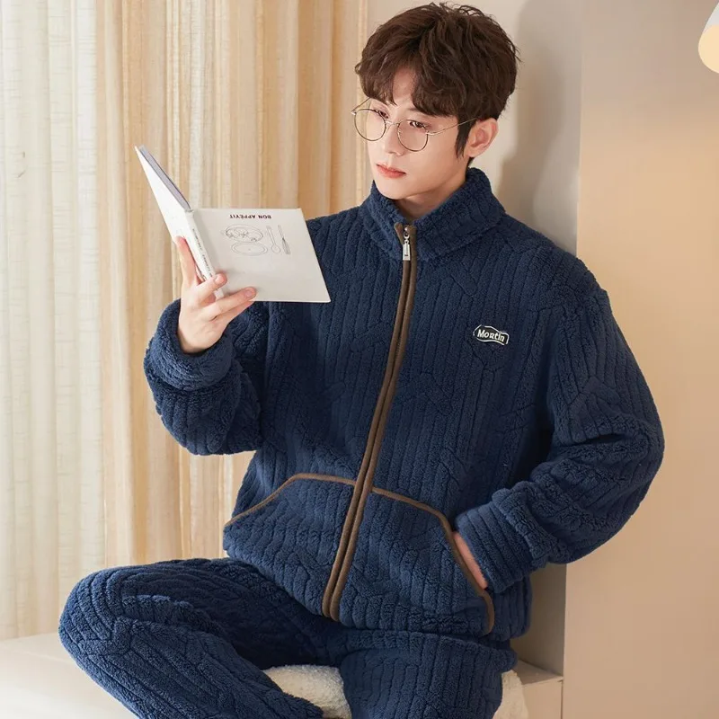 man wintertime intensification Pajamas New style Zipper type Coral fleece fleecing flannel set loungewear warm pajama set