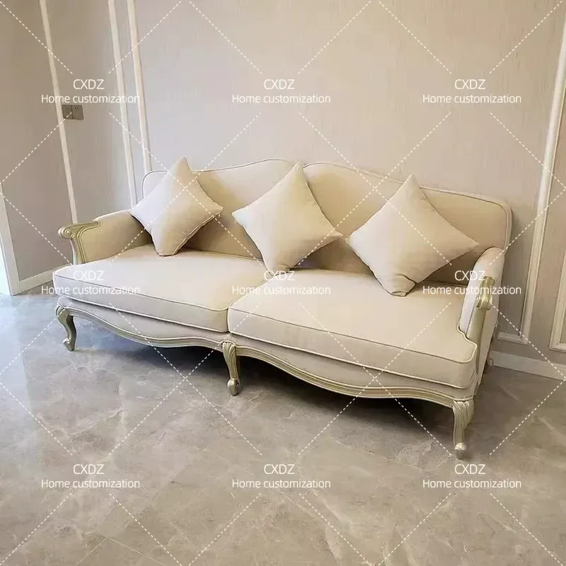 Post Modern Simple Living Room Sofa French Retro Fabric Champagne Solid Wood Carving Flower American Light Luxury Leather