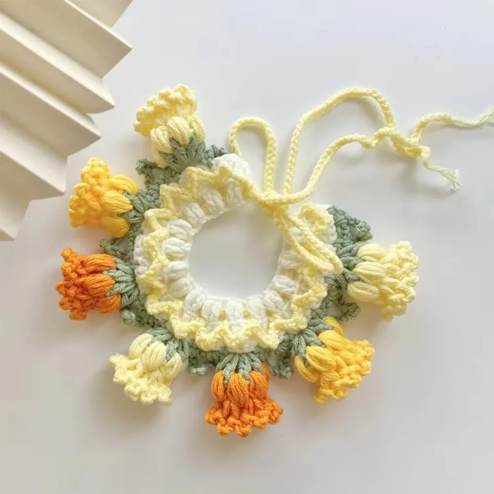 Pet Clothes Orchid Bell Flower Knitted Pet Collar Patchwork Lace-up Pet Drool Scarf Sweet Pet Drool Bib Photo Accessories