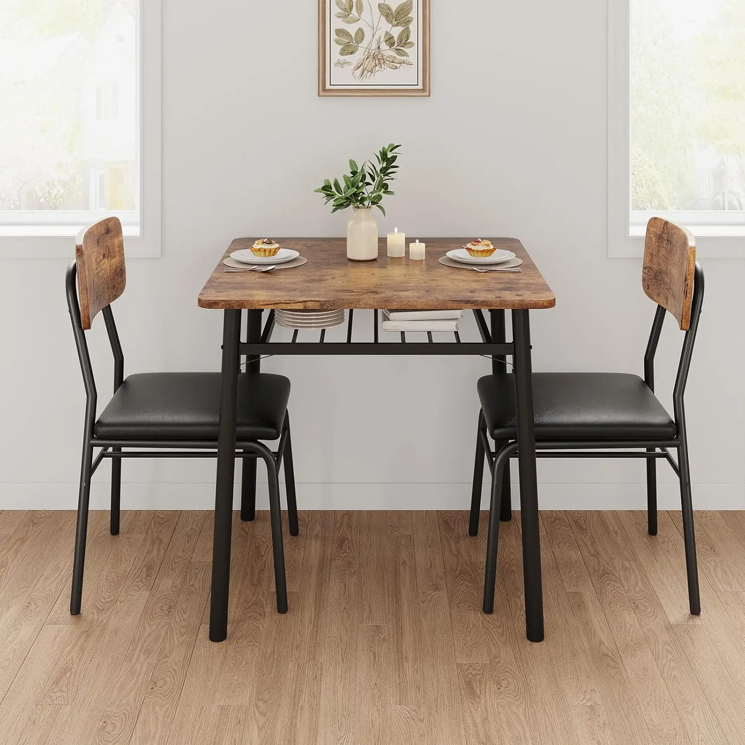 Ensemble de salle à manger, ensemble de cuisine moderne pour 2 personnes, table et chaises pour 2 avec support métallique, compartiment de rangement, table carrée en bois et 2 chaises rembourrées pour petites pièces, appartement