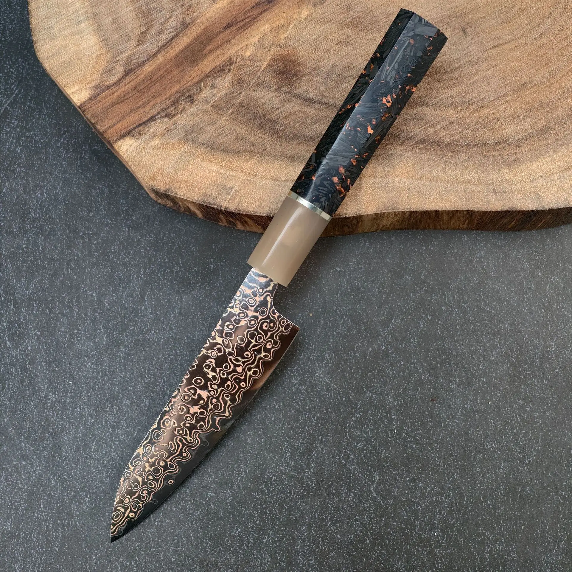 RHON 4.7inch Utility Knife SharpTricolor Copper Damascus Steel Kitchen Mutil Fruit Paring Petty Vegetable Slicing Kitchen Knives