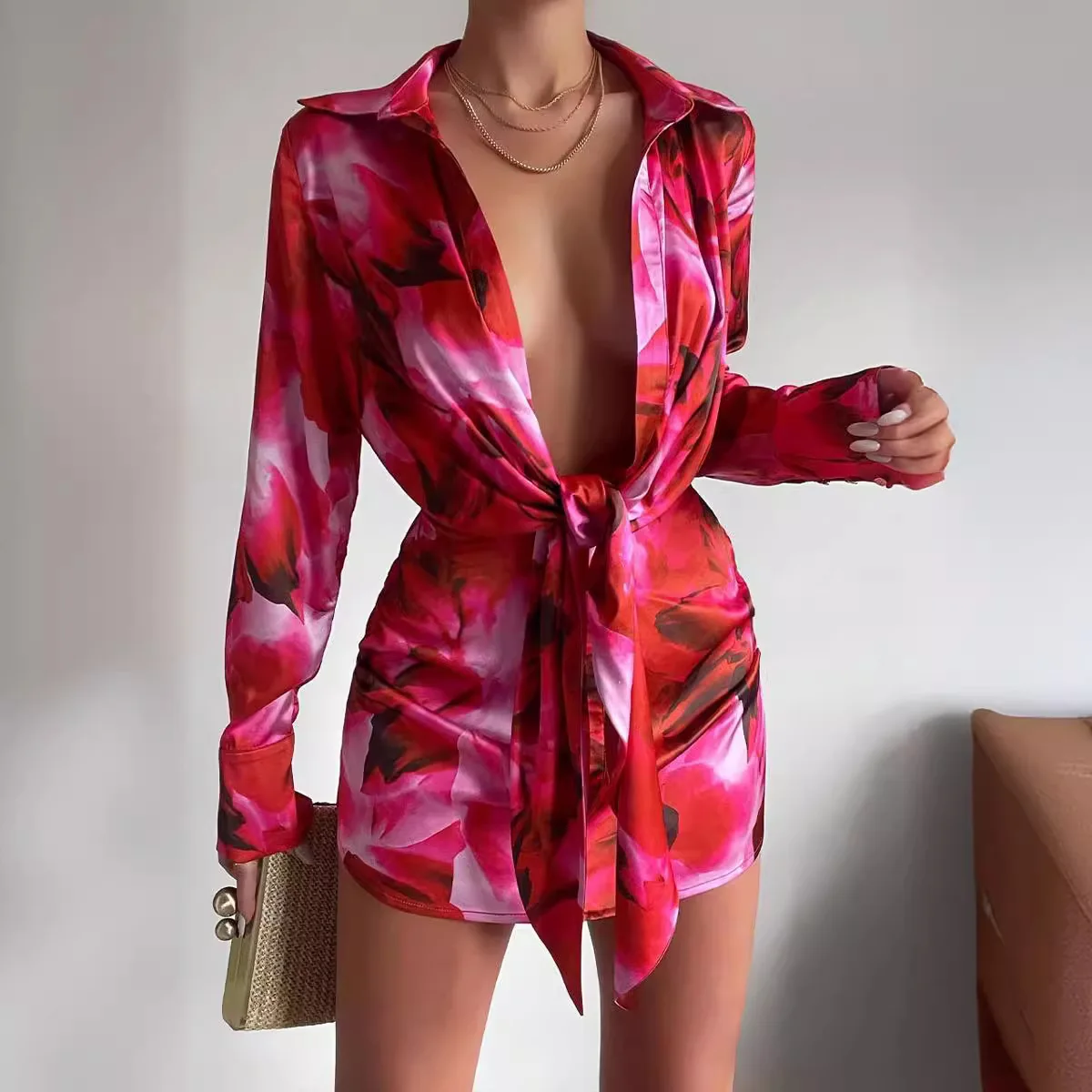 Sexy mujer impreso irt Dr Long Sve Floral bordado Wrap Dr Commute Sle modelo básico para la temporada de primavera