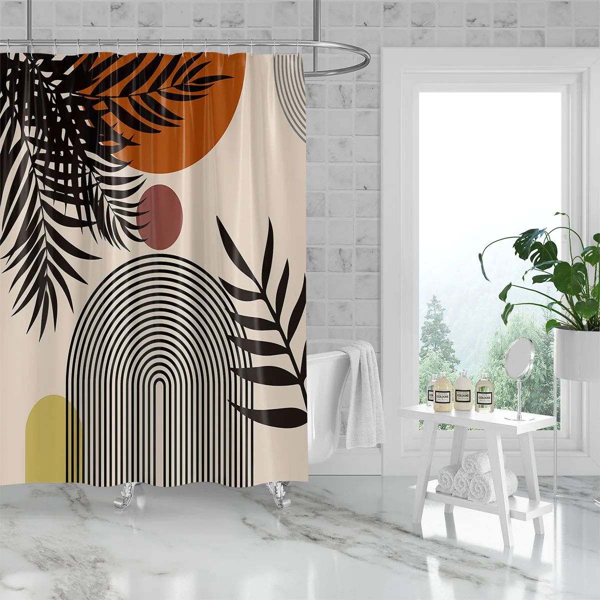 Geometric Shower Curtain Mid-Century Modern Arches Sun Moon Half Circle Lines Abstract Print Bathroom Decor with 12 Hook