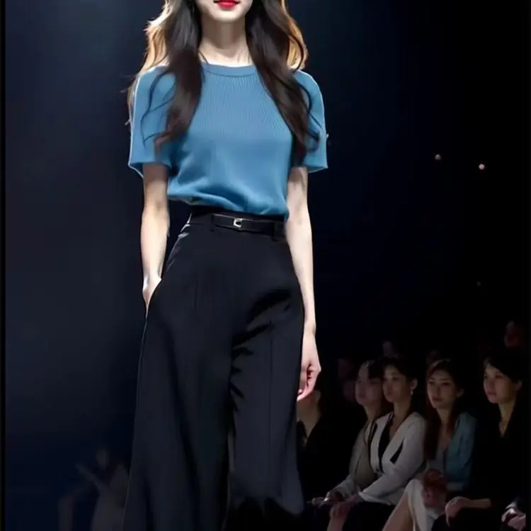 New High Quality Elegant Summer Women's Two Piece Set Slim O-neck Short Sleeve Pullover Knitwear Top + Wide Leg Pants Suit