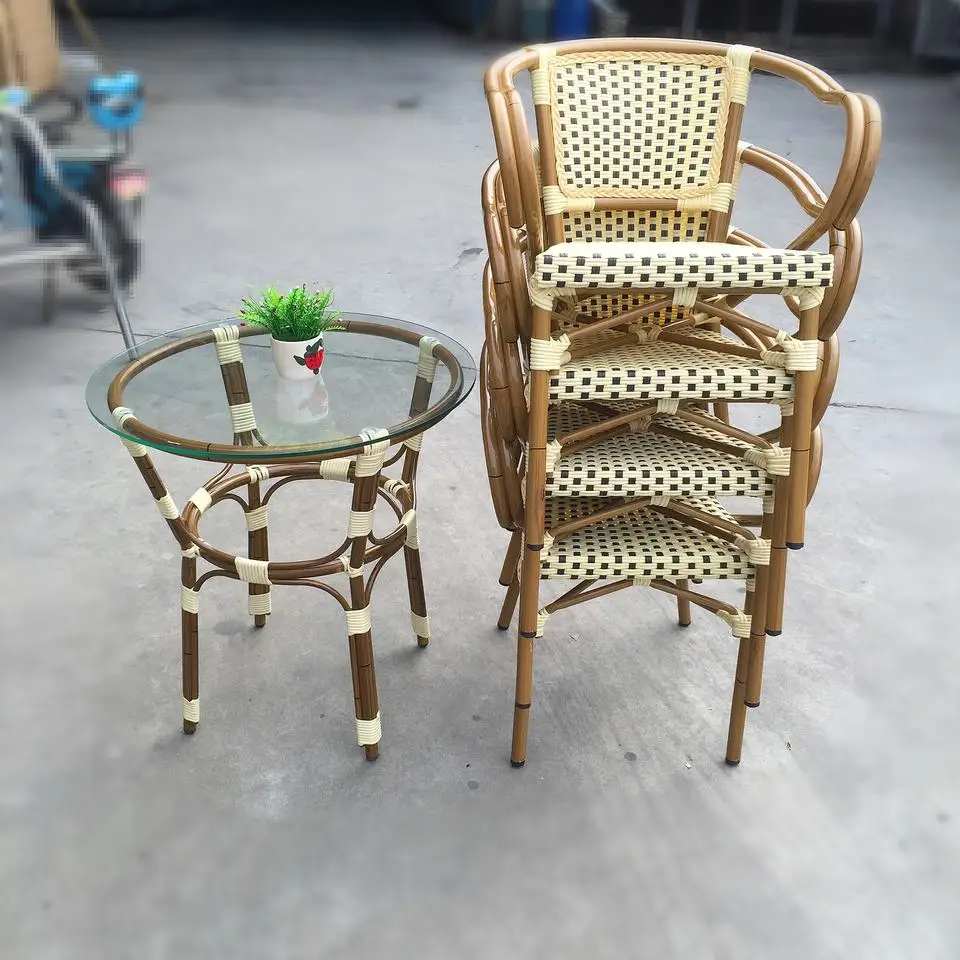 Outdoor Vintage french style bamboo chair Bistro metal restaurant dining Table and Chair Cafe Rattan garden Set patio furniture