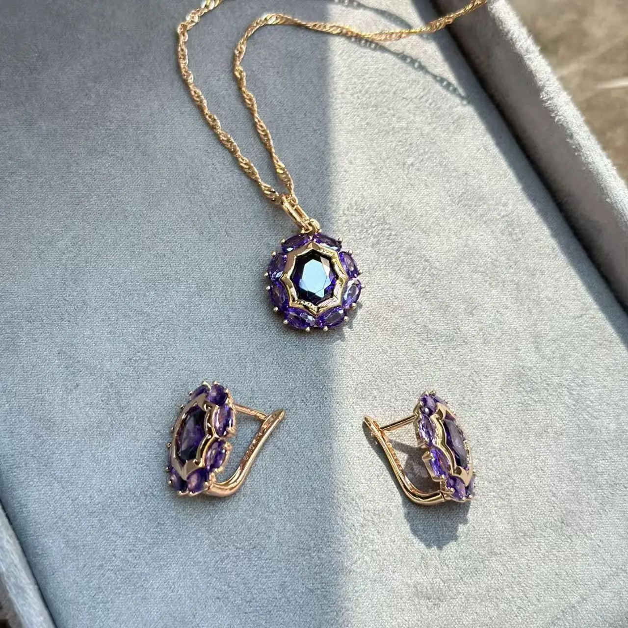

Luxury Fashion Amethyst Jewelry Set 18K Rose Gold Plated Purple Gemstone Stud Earring Chain Necklace Bijoux Fine Gifts for Her