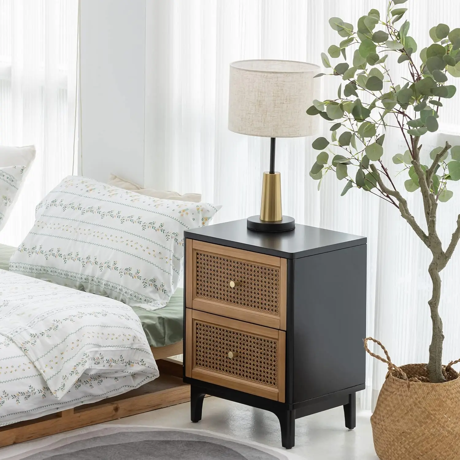 2 Drawer Boho Nightstand - Black Farmhouse Bedside Table | Engineered Wood, Rattan Weave Front, Soft Close Glides,, Customized