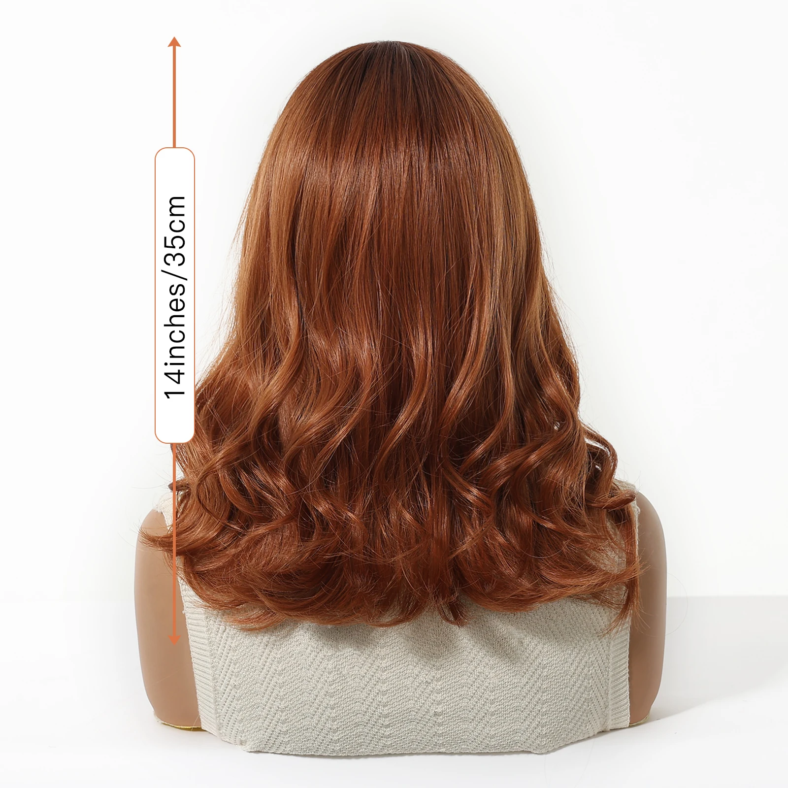 Middle Length Ginger Brown Curly Wig with Medium Part Bangs Synthetic Cosplay Wavy Fake Hair Wigs for Women Daily Heat Resistant
