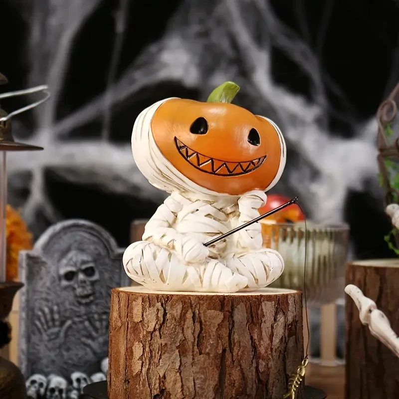 

Cartoon Cute Pumpkin Elf Sculpture: Funny Resin Pumpkin Scarecrow Fishing Statue Waterproof Creative Miniatures Figurine Balcony