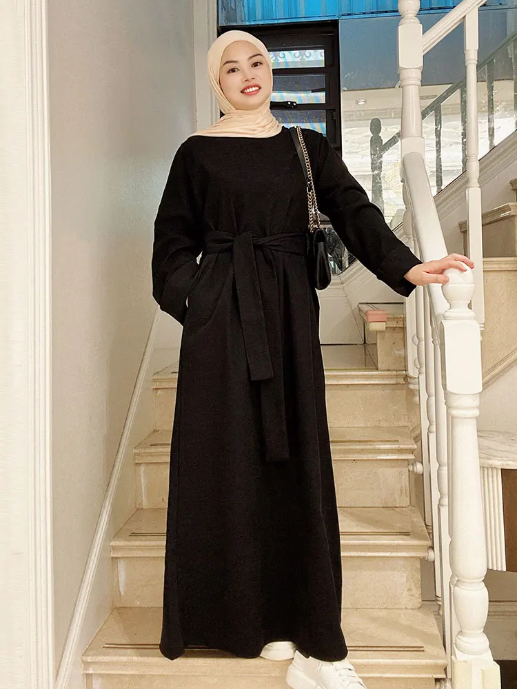 

Ramadan Abaya Muslim Long Dress Belted Winter Hijab Robe Eid Ramadan Prayer Dresses Islam Dubai Turkish Balck Abayas Kaftan