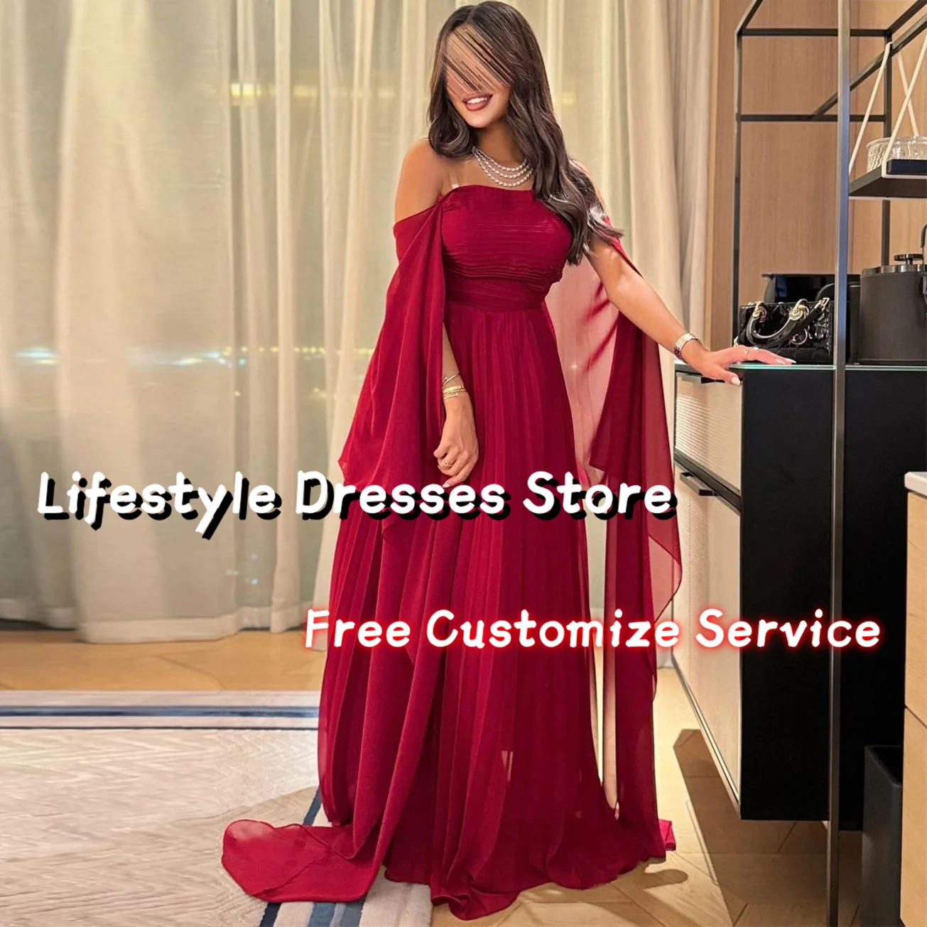 

Off Shoulder Chiffon Pleated A-Line Prom Dress For Wedding Party Gown Simple Burgundy Evening Dress Formal Dress