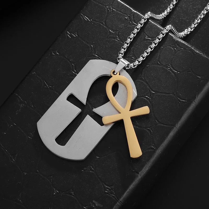 Stainless Steel Dog Tag Pendant Engraved Ankh Personalized Necklace Suitable for Men and Women Fashionable Charm Hip-Hop Jewelry