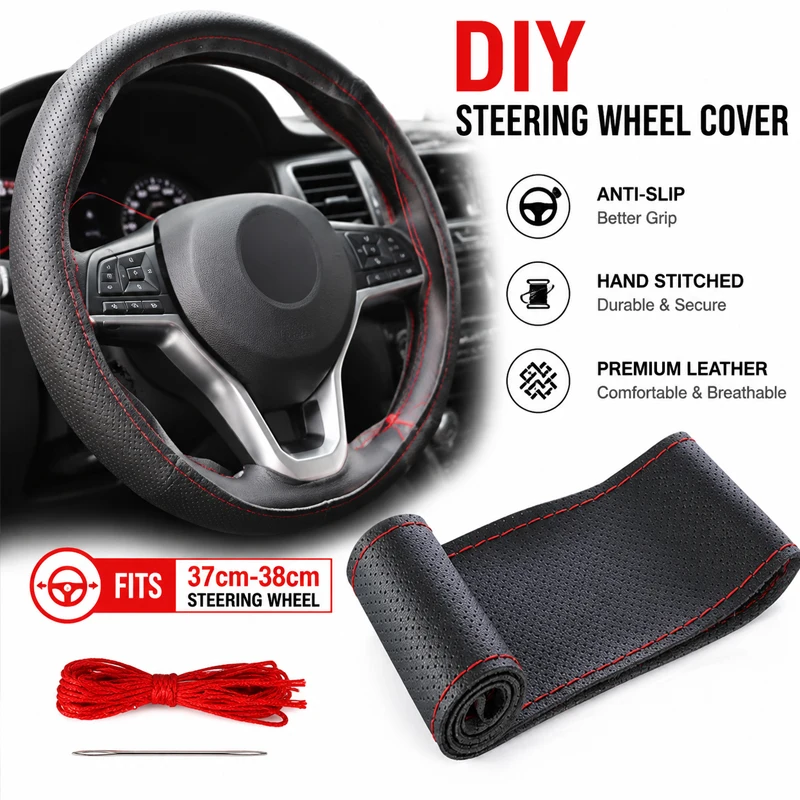 

37-38cm DIY Hand-Stitched Steering Wheel Wrap, Premium Leather Anti-Slip Steering Protective Sleeve with Sewing Tools Kit