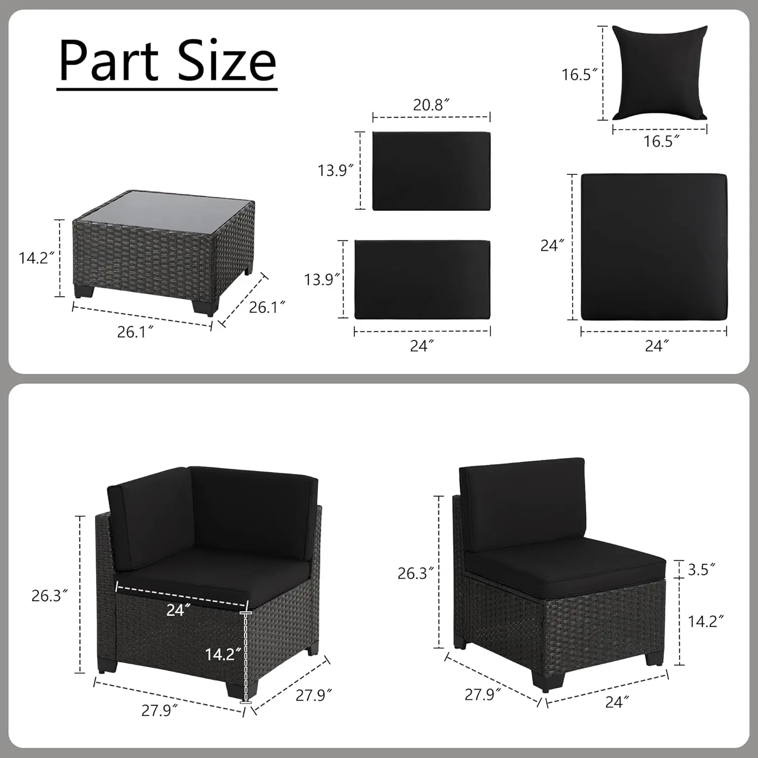 Outdoor Sectional Sofa, Wicker Patio Conversation Set, All-Weather PE Rattan Sectional Sofa with Cushions and Glass Coffee Table