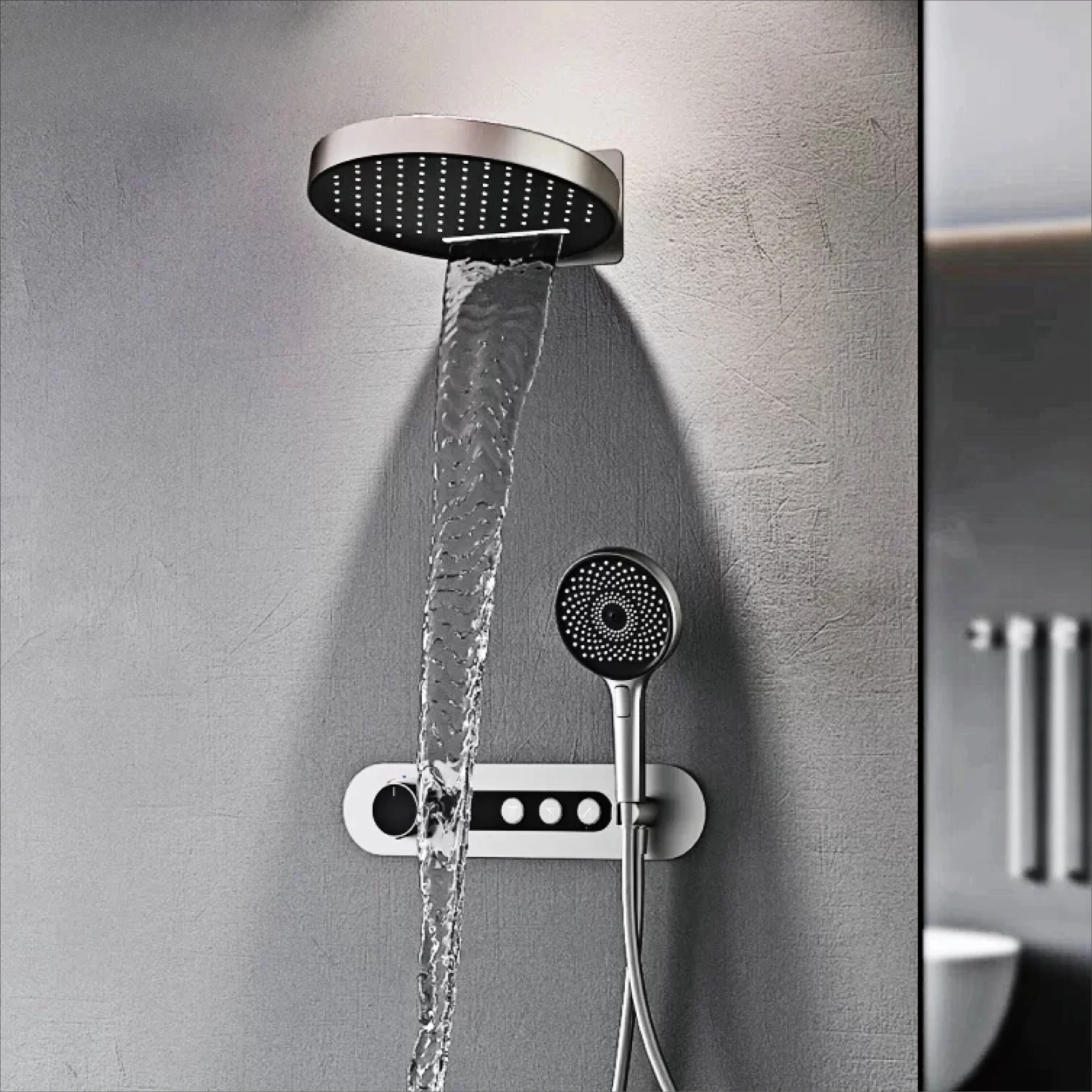 

Gun Grey Brass Thermostatic Shower Set，Wall-Mounted Rainfall With LED Display，Anti-Scald 3 Spray Modes Bathroom Shower System