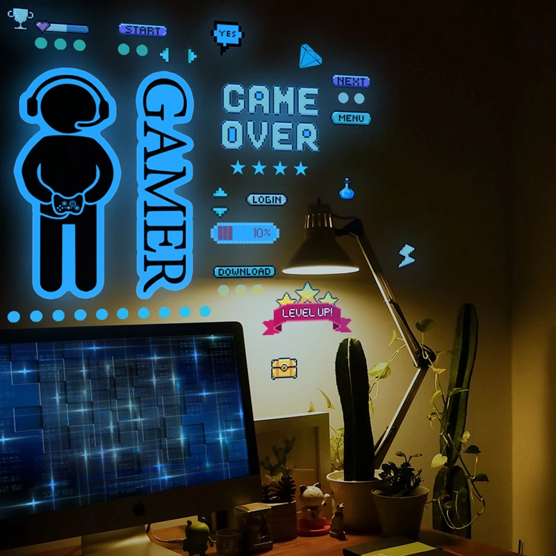 Luminous Gamer Boy Wall Stickers Game Letters Element Vinyl Decals Glow in the Dark for Kids Bedroom Gaming Room Home Decoration
