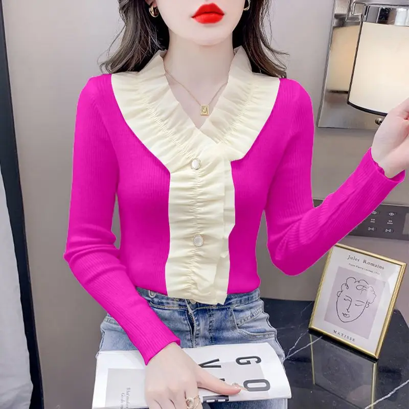 

Autumn Winter New Women's V-Neck Ruffles Spliced Knitted Fashion Elegant Versatile Slim Commuter Long Sleeve Sweaters Tops