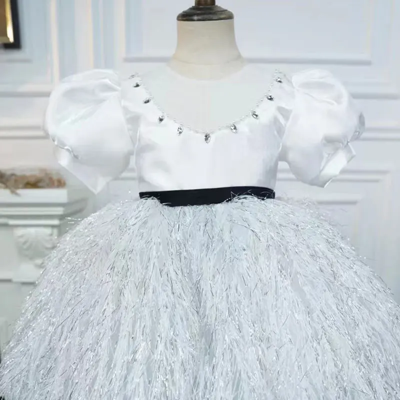 White patchwork tassel heavy industry children's dress princess dress performance bubble sleeves