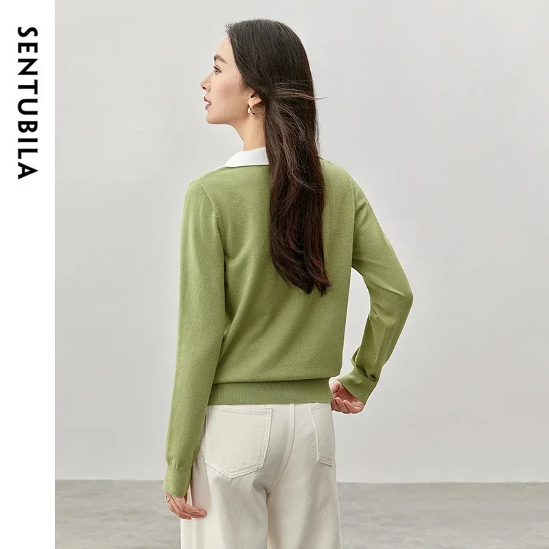 SENTUBILA Spliced Knitted Pullovers for Women 2024 Autumn Fashion Turn Down Collar Patchwork 2 in 1 Tops Odzież damska W43H57272