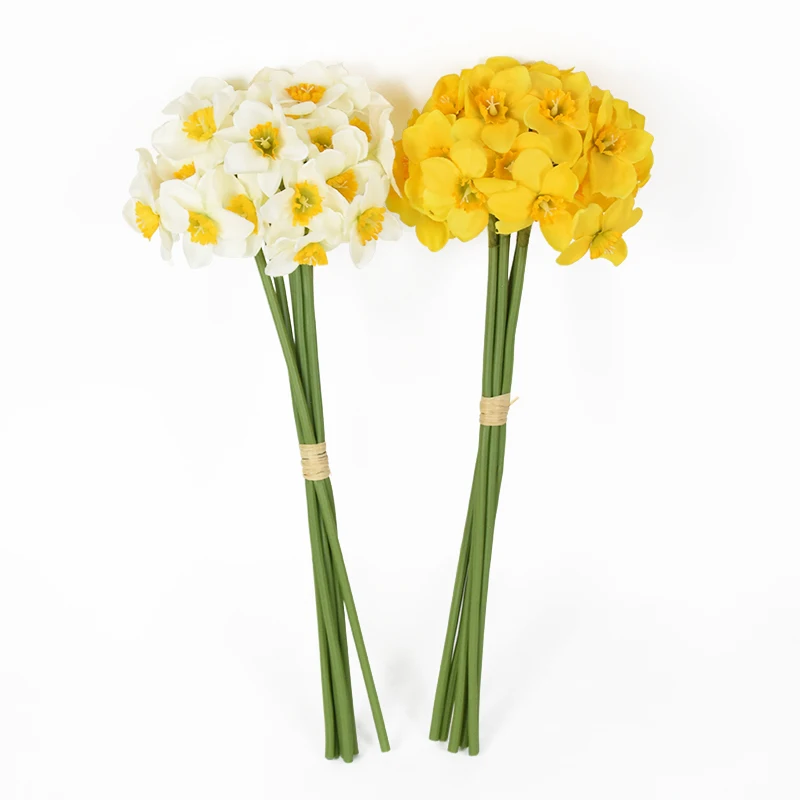 6Pcs/Bunch Silk White Yellow Daffodil Artificial Narcissus Flower Wedding Bouquets Home Decor Living Room Party Table Ornaments images - 6