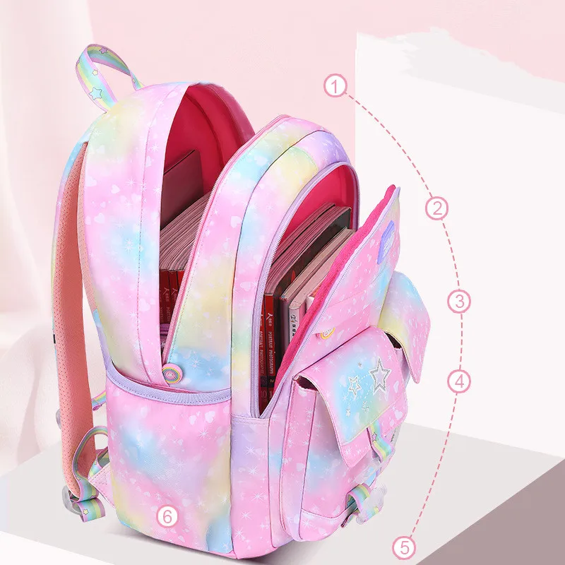 Bolsas escolares arco-íris para meninas, mochila de ombro, princesa mochila, mochila infantil, mochila infantil, moda