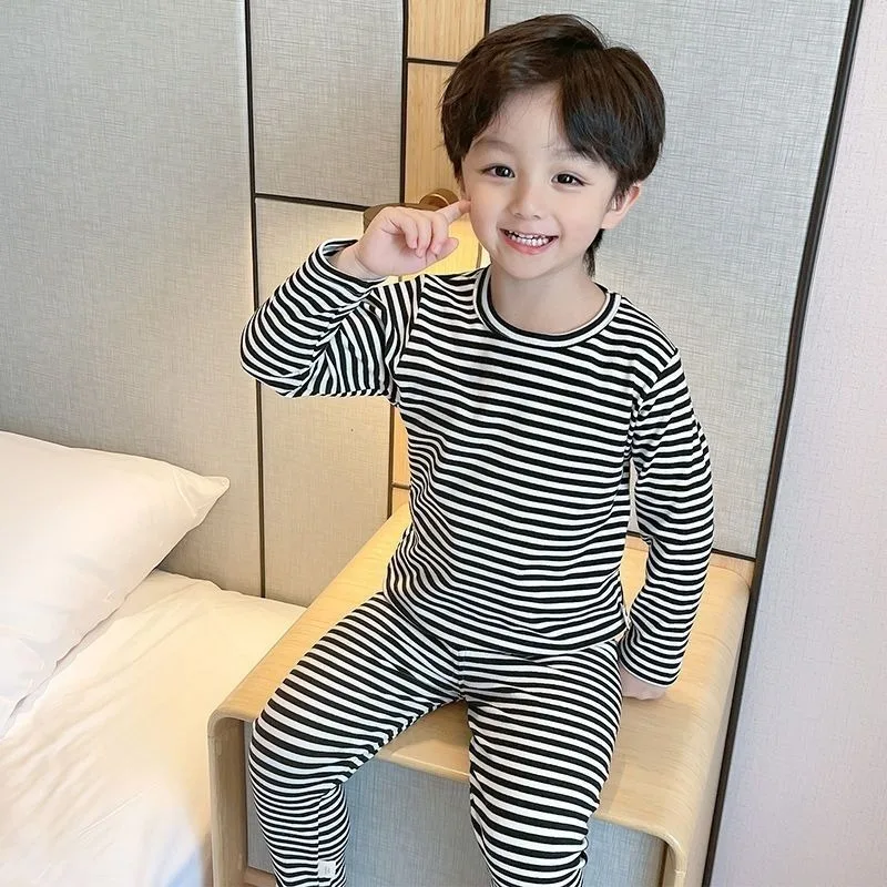 

Dralon Thermal Kids Pajama Set Unisex Striped Korean Style Autumn Winter Thermal Underwear Set Warmth Sleepwear for Children