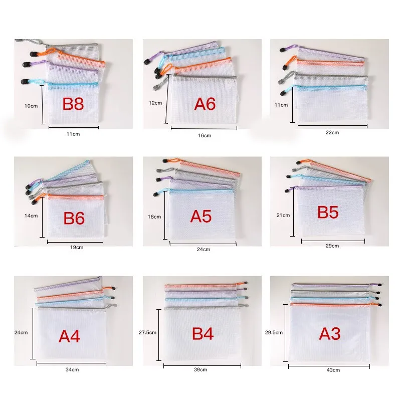 50pcs Custom Colorful PVC Plastic Envelope Document Bag A3 A4 A5 B5 Zipper Closure Mesh Folder Zip File Bag with LOGO Printed